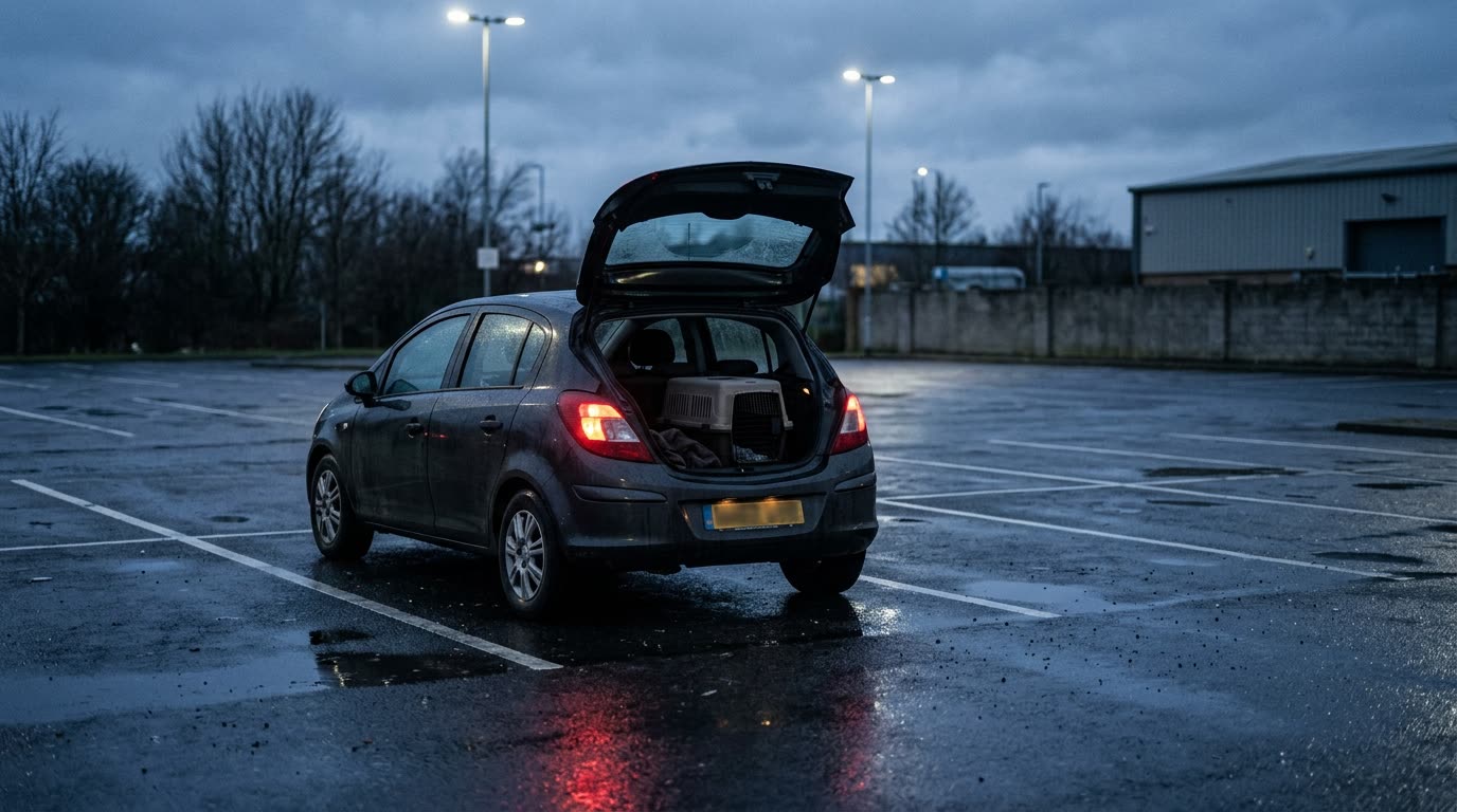 Leerer Parkplatz in der Dämmerung, nasser Asphalt, ein Auto mit offenem Kofferraum und einer Transportbox darin, ein rotes Rücklicht spiegelt sich im Boden
