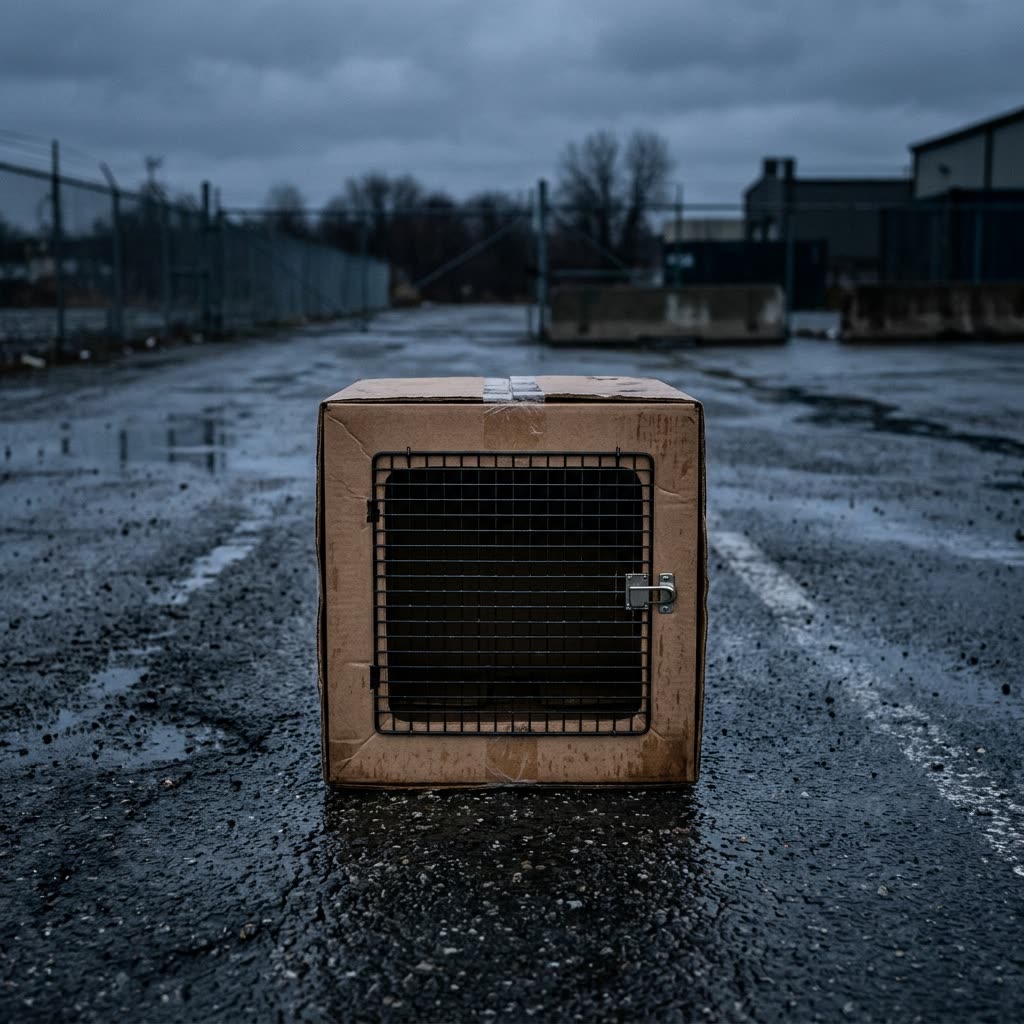Eine leere, abgenutzte Transportbox aus Karton und Drahtgitter steht allein auf nassem Asphalt vor einem Industriezaun in der Dämmerung